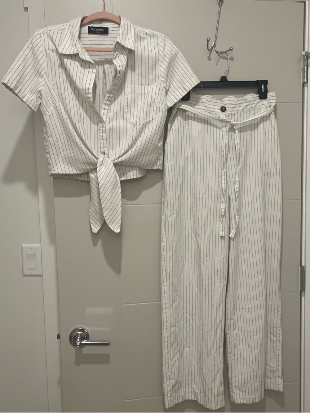 Kittenish White Pinstripe Tie-Front Wide-Leg Set